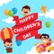 Happy Children`s Day Poster Background vector design template. ribbon with a boy drive a plane and girl in the air balloon on the