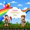 Happy children`s day template with scout boy and girl at nature