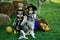 Happy children with skeleton and witch costume holding and eating candies. Happy Halloween Cute children daughter and