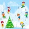 Happy children are skiing,sledding, ice skating and snowboarding, playing with the snow.Winter child`s outdoor activities. Cartoo