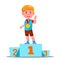 Happy Children On A Sports Pedestal With Gold Medal Vector. Competition. Isolated Illustration