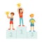 Happy children standing on the winner podium with prize cups and medals, sport athletes kids on pedestal cartoon vector