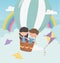 Happy childrens day boy and girl flying with hot air balloon