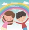 Happy childrens day boy and girl smiling rainbow sky