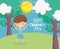 Happy childrens day, cute little boy cartoon celebrating outdoors