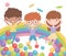 Happy childrens day, funny celebration kids with rainbow candies lollipop and balls