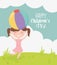 Happy childrens day, little girl with ball in head toy cartoon outdoors grass sky