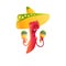 Happy chili pepper character in sombrero playing Mexican maracas