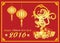 Happy Chinese new year 2016 card is lanterns ,Gold monkey holding peach and money and Chinese word mean happiness