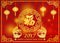 Happy Chinese new year 2017 card is lanterns , Chicken bantam and Chinese word mean happiness in circle frame