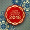 Happy Chinese new year 2018 text on red circle banner and blue gold flower china pattern abstract background vector design