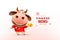 Happy Chinese new year 2021, Cute Little cow, red cheongsam dress holding chinese gold