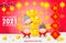 Happy Chinese new year 2021 greeting card. Little ox holding Chinese gold, year of the ox zodiac Cartoon isolated vector