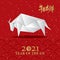 Happy chinese new year 2021 with origami ox on red chinese culture texture background vector design.