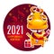 Happy Chinese New Year. 2021 year of the Ox. Cool Bull with christmas gift. Template poster, card, invitation for party with ox an