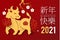 Happy Chinese New Year, 2021 the year of the Ox. Papercut design with bull character, cherry blossom and flowers