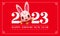 Happy Chinese New year 2023. Cartoon cute rabbit open arms popping out from 2023 numbers sign