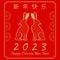 Happy Chinese new year 2023. A gold sign with two rabbits on light red background with traditional fans