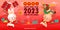 Happy Chinese new year 2023 year of the rabbit, cute Little bunny performs dragon Dance, gong xi fa cai, greeting card  Cartoon