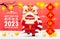 Happy Chinese new year 2023, year of the rabbit zodiac poster, cute Little rabbit bunny performs Lion Dance, gong xi fa cai banner