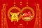 Happy chinese new year. 8 infinity unlimited lucky rich. Xin Nian Kual Le characters for CNY festival. ping smiling flower and