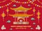 Happy Chinese New Year background with beautiful pagoda, creative silver rat and hanging lanterns. Red colored template