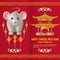 Happy Chinese New Year background with beautiful pagoda, creative silver rat and hanging lanterns. Red colored template