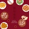 Happy Chinese New Year Mandarin Text With Top View Of Traditional Delicious Foods And Chopsticks On Dark Red Plank Texture