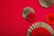 Happy Chinese New Year traditional concept. Oriental asian style paper fans on red background