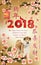 Happy Chinese Year of the Dog 2018! Multilanguage greeting card with red background an floral pattern