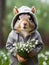 A happy chipmunk squirrel in a fashionable gray sweater with a hood on her head with a bouquet of delicate primroses in