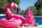 Happy Christmas Holidays. A flamingo buoy wearing Santa hat with a pink Christmas tree by the swimming pool.