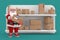 Happy Christmas and New Year Greeting Concept. Cartoon Cheerful Santa Claus Granpa in Gift Warehouse or Post Office with Many