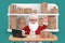 Happy Christmas and New Year Greeting Concept. Cartoon Cheerful Santa Claus Granpa in Gift Warehouse or Post Office with Many