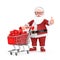 Happy Christmas and New Year Greeting Concept. Shopping cart with Discount Cubes and Cartoon Cheerful Santa Claus Granpa Giving