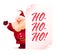 Happy Christmas Santa Claus character behind white banner / signboard with holiday congratulation ho-ho-ho