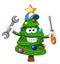 Happy christmas xmas tree repariman or repair man character fixing with screwdriver and wrench isolated
