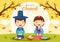 Happy Chuseok Day Vector Illustration of Korean Thanksgiving Event with kids Wearing Hanbok on Autumn Evening Background