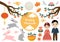 Happy Chuseok set of objects. Mid autumn festival collection of design elements with persimmon, rabbits, moon. Korean
