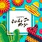 Happy Cinco de Mayo Greeting card. Colorful Paper Fan, Funny Pinata and Cactus in paper cut style. Origami Sombrero hat