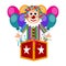 Happy circus clown on a surprise box