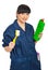 Happy cleaning worker female