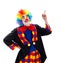 Happy clown pointing upward