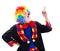 Happy clown pointing upward