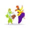 Happy colorful Sikh couple, girl playing dhol drum and bearded man in turban dancing bhangra
