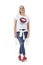 Happy comfortable relaxed middle age casual style woman in jeans posing with arms down