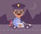 Happy comic policeman in a police car at night. Flat design cartoon style. Vector illustration