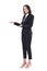 Happy confident business woman in black suit invite to join business meeting