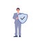 Happy confident insured businessman cartoon character holding protection shield with check mark