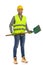 Happy construction worker is posing with shovel. Full length studio shot on white background